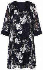 Ulla Popken 852959 Geblümtes Kleid mit 3/4-Ärmeln Schwarz