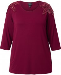 Ulla Popken Flower Epaulet 3/4 Sleeve Top Dark Cherry Red
