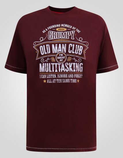 D555 Baldwin Grumpy Old Man Club Print Crew Neck T-shirt Burgundy/ Black Twist - Herren-T-shirts - Herren-T-Shirts in großen Größen