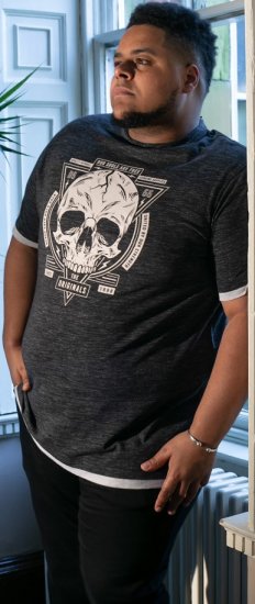 D555 DARREN Skull Printed T-Shirt With Double Layer On Hem & Cuff Black Reno - Herren-T-shirts - Herren-T-Shirts in großen Größen