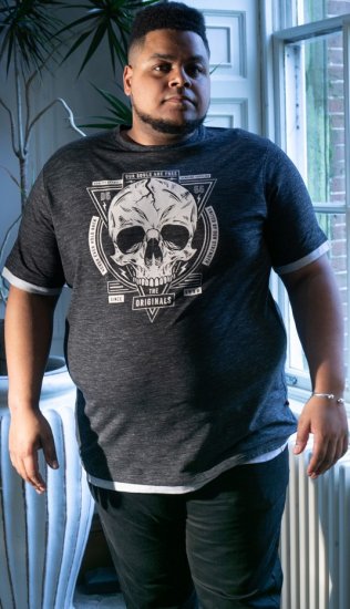D555 DARREN Skull Printed T-Shirt With Double Layer On Hem & Cuff Black Reno - Herren-T-shirts - Herren-T-Shirts in großen Größen