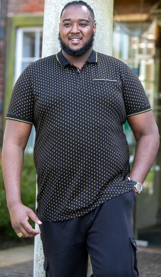 D555 RAUL AOP Jersey Polo With Jacquard Collar, Ribs And Chest Pocket Black - Polo-shirts für herren - Polo-Shirts für Herren in großen Größen