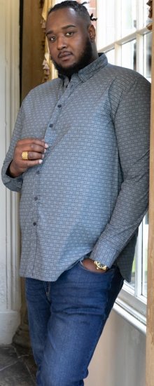 D555 MANGALA Geometric AOP Long Sleeve Shirt With Concealed Button Down Collar Navy - Herrenhemden - Herrenhemden in großen Größen