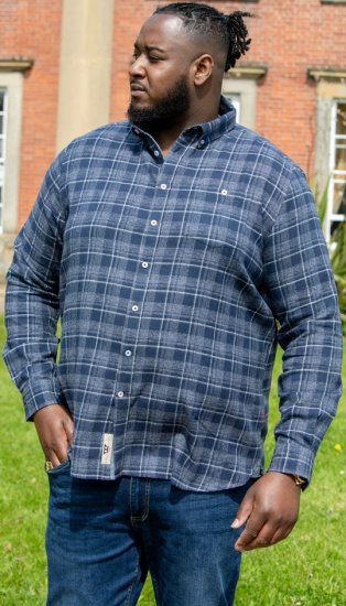 D555 SONNY Navy Check Long Sleeve Shirt With Chest Patch Pocket & Button Down Collar Navy Check - Herrenhemden - Herrenhemden in großen Größen