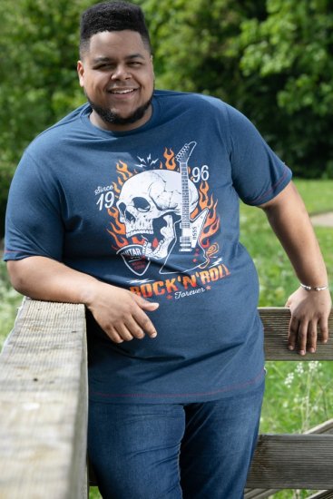 D555 NEAL Skull With Flames Printed Crew Neck T-Shirt Navy/Blue Twist - Herren-T-shirts - Herren-T-Shirts in großen Größen