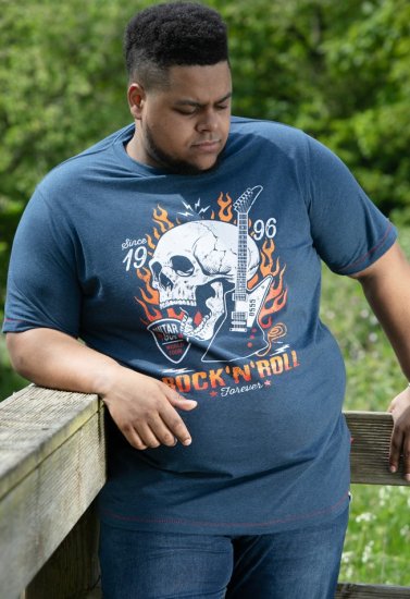 D555 NEAL Skull With Flames Printed Crew Neck T-Shirt Navy/Blue Twist - Herren-T-shirts - Herren-T-Shirts in großen Größen