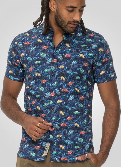 D555 Hartlepool Short Sleeve Vintage Car AOP Stretch Shirt Blue - Herrenhemden - Herrenhemden in großen Größen