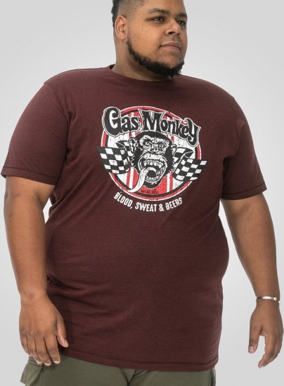 D555 Loughborough Official Gas Monkey Crew Neck T-Shirt Burgundy Black Twist - Herren-T-shirts - Herren-T-Shirts in großen Größen