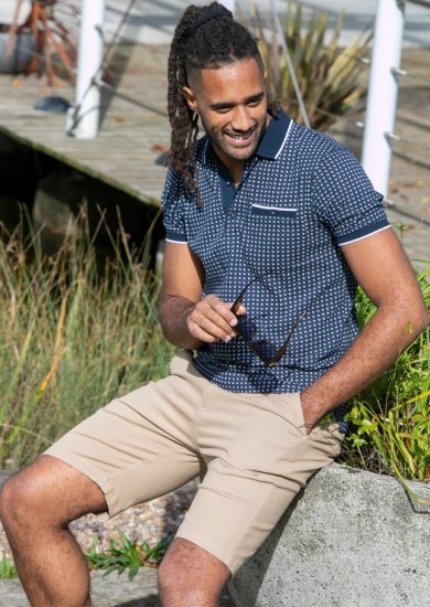 D555 Coventry AOP Polo Shirt Jacquard Collar & Ribbed Cuffs Navy - Polo-shirts für herren - Polo-Shirts für Herren in großen Größen