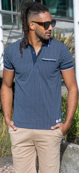 D555 Coventry AOP Polo Shirt Jacquard Collar & Ribbed Cuffs Navy - Polo-shirts für herren - Polo-Shirts für Herren in großen Größen