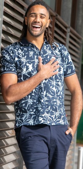 D555 Halifax AOP Hawaiian Print Short Sleeve Polo Blue - Herren-T-shirts - Herren-T-Shirts in großen Größen
