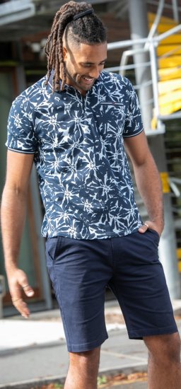 D555 Halifax AOP Hawaiian Print Short Sleeve Polo Blue - Herren-T-shirts - Herren-T-Shirts in großen Größen