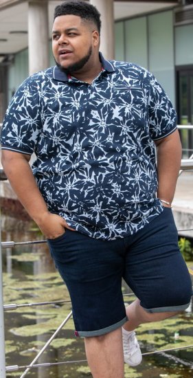 D555 Halifax AOP Hawaiian Print Short Sleeve Polo Blue - Herren-T-shirts - Herren-T-Shirts in großen Größen