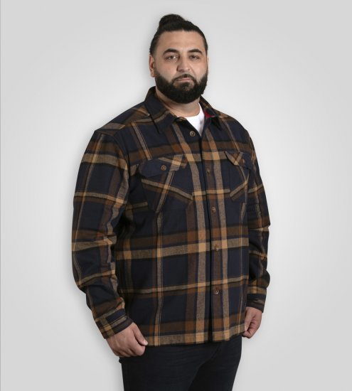 D555 Aldershot Long Sleeve Heavy Shacket Overshirt Tan/Navy Check - Herrenhemden - Herrenhemden in großen Größen