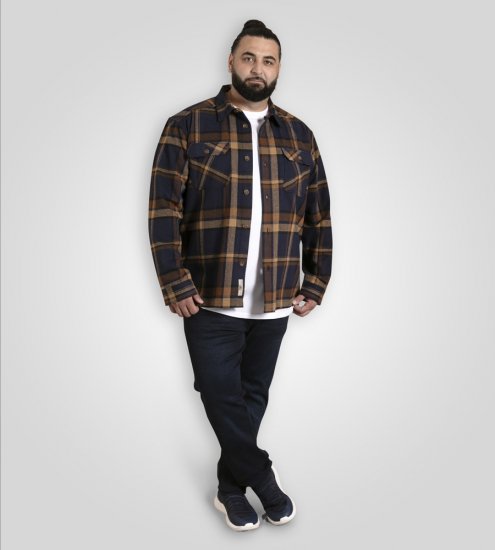D555 Aldershot Long Sleeve Heavy Shacket Overshirt Tan/Navy Check - Herrenhemden - Herrenhemden in großen Größen