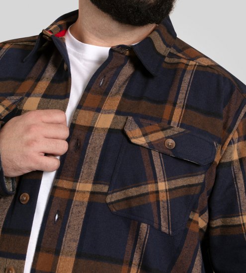 D555 Aldershot Long Sleeve Heavy Shacket Overshirt Tan/Navy Check - Herrenhemden - Herrenhemden in großen Größen