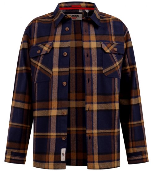 D555 Aldershot Long Sleeve Heavy Shacket Overshirt Tan/Navy Check - Herrenhemden - Herrenhemden in großen Größen