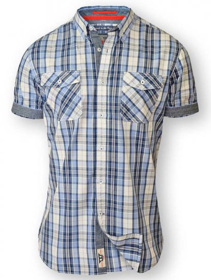 D555 FIDEL Twin Pocket Short Sleeve Blue & Ecru Check Shirt - Herrenhemden in großen Größen - Herrenhemden in großen Größen
