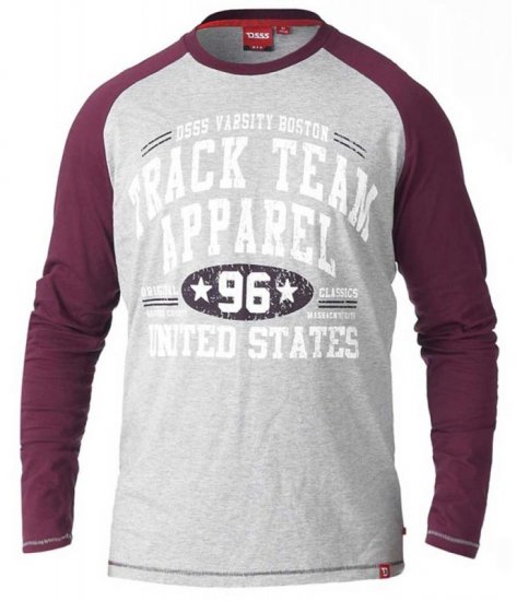 D555 KELTON Long Sleeve Raglan T-Shirt Grey/Burgundy - Herren-T-shirts - Herren-T-Shirts in großen Größen