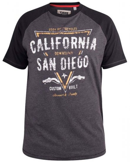 D555 Lismore Raglan Sleeve San Diego Printed T-Shirt Charcoal - Herren-T-shirts - Herren-T-Shirts in großen Größen