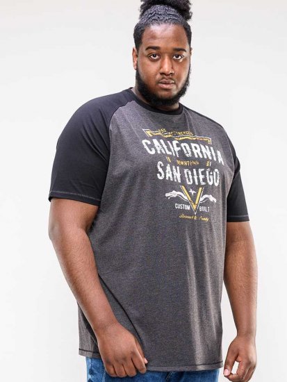 D555 Lismore Raglan Sleeve San Diego Printed T-Shirt Charcoal - Herren-T-shirts - Herren-T-Shirts in großen Größen