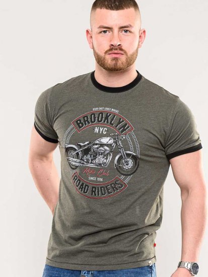 D555 Hereford Brooklyn Motorbike Printed Ringer T-Shirt Khaki - Herren-T-shirts - Herren-T-Shirts in großen Größen
