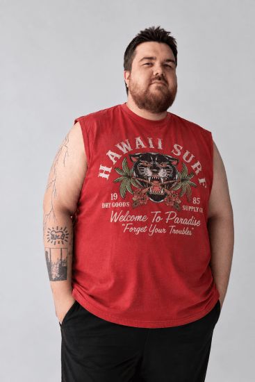 Kam Jeans 5763 Hawaii Surf Vest Sleeveless T-Shirt Washed Red - Herren-T-shirts - Herren-T-Shirts in großen Größen