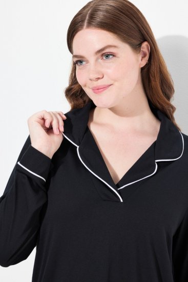 Ulla Popken 823030 Pyjama mit Hemdkragen Schwarz - Pyjama/Loungewear - 