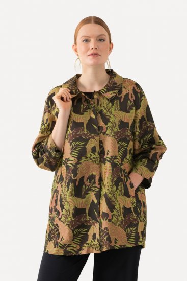 Ulla Popken 827217 Kurzarm-Hemdbluse mit Savannen-Print Schwarz - Hemdblusen - Hemdblusen für kräftige Figuren