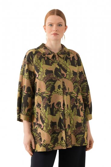 Ulla Popken 827217 Kurzarm-Hemdbluse mit Savannen-Print Schwarz - Hemdblusen - Hemdblusen für kräftige Figuren