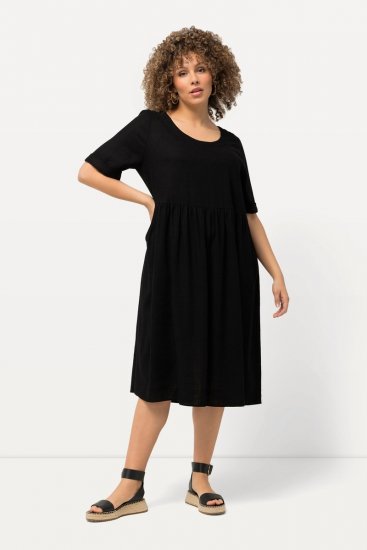 Ulla Popken 829837 Kurzärmliges Kleid aus Leinenmix Schwarz - Sommerkleider - Sommerkleider in großen Größen
