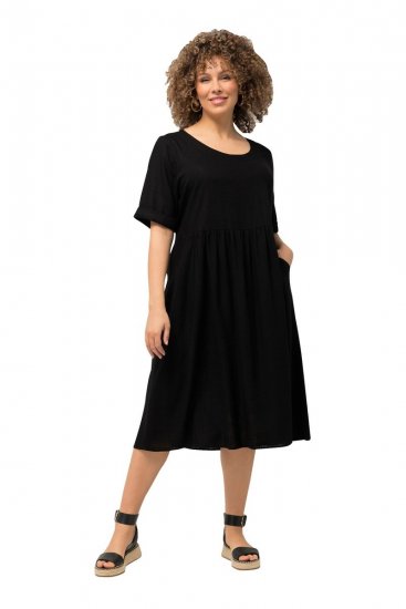 Ulla Popken 829837 Kurzärmliges Kleid aus Leinenmix Schwarz - Sommerkleider - Sommerkleider in großen Größen