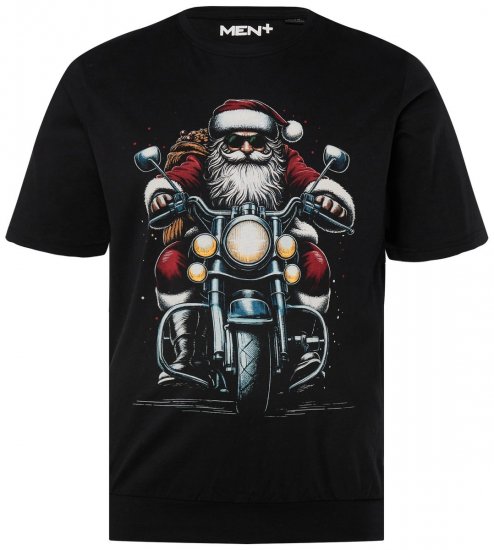 Men+ 148 T-Shirt Bauchfit Weihnachtsmann auf Motorrad Schwarz - Herren-T-shirts - Herren-T-Shirts in großen Größen