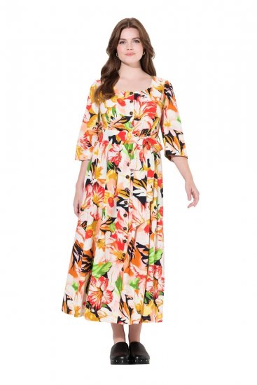 Ulla Popken 832512 Geblümtes Kleid aus Leinenmix mit 3/4-Ärmeln Rot - Maxikleider - Maxikleider in großen Größen