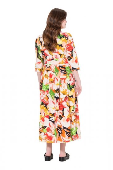 Ulla Popken 832512 Geblümtes Kleid aus Leinenmix mit 3/4-Ärmeln Rot - Maxikleider - Maxikleider in großen Größen