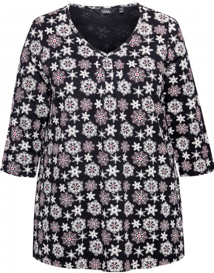 Ulla Popken Snowflake Print 3/4 Sleeve A-Line Tee Black - Bedruckte T-shirts für herren - Bedruckte Damen-T-Shirts