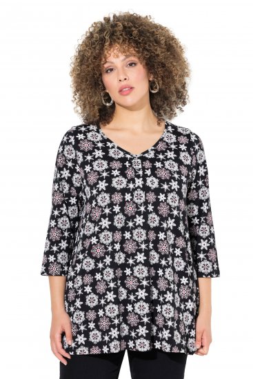 Ulla Popken Snowflake Print 3/4 Sleeve A-Line Tee Black - Bedruckte T-shirts für herren - Bedruckte Damen-T-Shirts