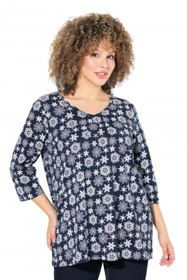 Ulla Popken Snowflake Print 3/4 Sleeve A-Line Tee Navy - Bedruckte T-shirts für herren - 