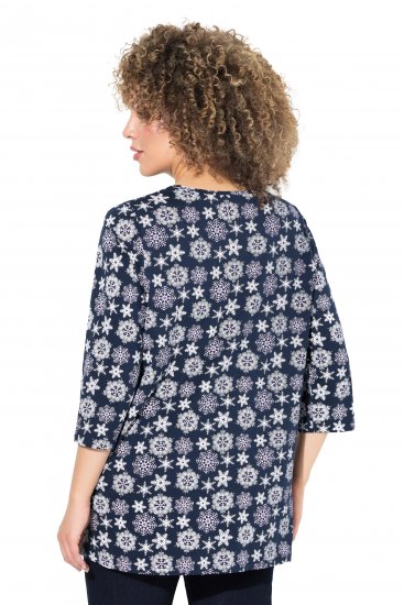 Ulla Popken Snowflake Print 3/4 Sleeve A-Line Tee Navy - Bedruckte T-shirts für herren - 