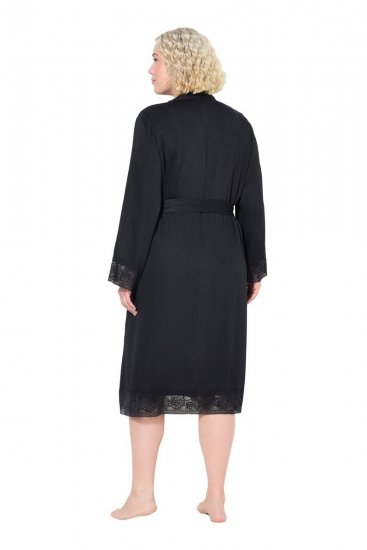 Ulla Popken 834837 Kimono-Bademantel mit Spitze Schwarz - Morgenmäntel & Bademäntel - 