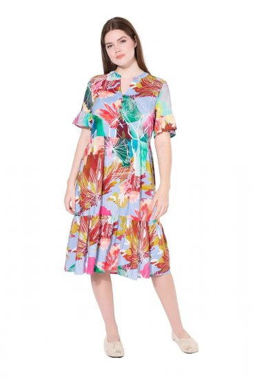 Ulla Popken 836746 Geblümtes Midikleid mit Volants Hellblau - Midikleider - Midikleider für Damen in großen Größen