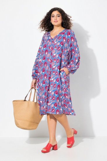 Ulla Popken 838839 Gemustertes Hemdblusenkleid Petrol - Midikleider - Midikleider für Damen in großen Größen