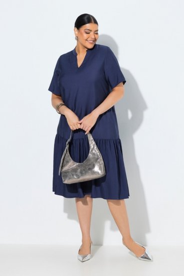 Ulla Popken 840367 Kurzärmliges Midikleid mit V-Ausschnitt Dunkelblau - Midikleider - Midikleider für Damen in großen Größen