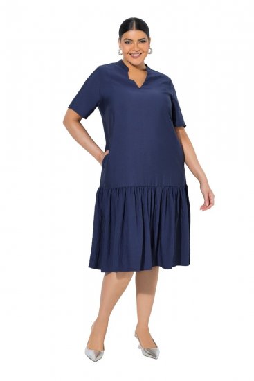 Ulla Popken 840367 Kurzärmliges Midikleid mit V-Ausschnitt Dunkelblau - Midikleider - Midikleider für Damen in großen Größen