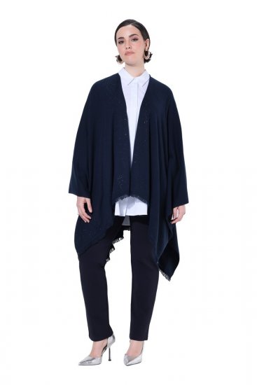 Ulla Popken 841117 Oversize-Strickponcho mit Strasssteinen Dunkelblau - Ponchos & Capes - 