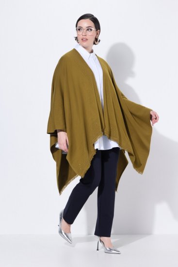 Ulla Popken 841117 Oversize-Strickponcho mit Strasssteinen Oliv - Ponchos & Capes - 