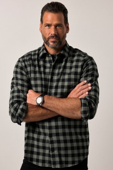 JP1880 Checked Flannel Shirt Long Sleeve Eucalyptus Green - Herrenhemden - Herrenhemden in großen Größen