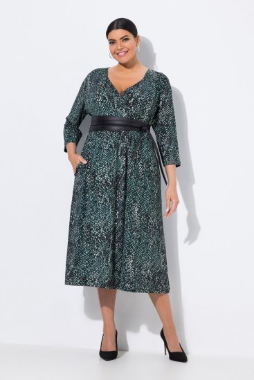 Ulla Popken 841839 Jerseykleid mit Animal-Print und 3/4-Ärmeln Dunkelgrün - Midikleider - Midikleider für Damen in großen Größen