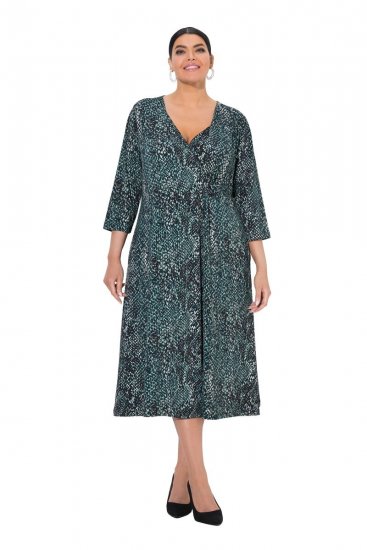 Ulla Popken 841839 Jerseykleid mit Animal-Print und 3/4-Ärmeln Dunkelgrün - Midikleider - Midikleider für Damen in großen Größen
