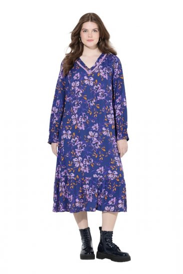 Ulla Popken 841873 Geblümtes Midikleid Dunkelblau - Midikleider - Midikleider für Damen in großen Größen